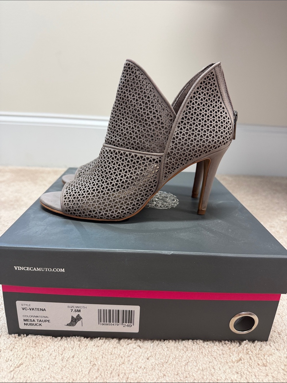 Vince Camuto Taupe Perforated Peep-Toe Ankle Booties